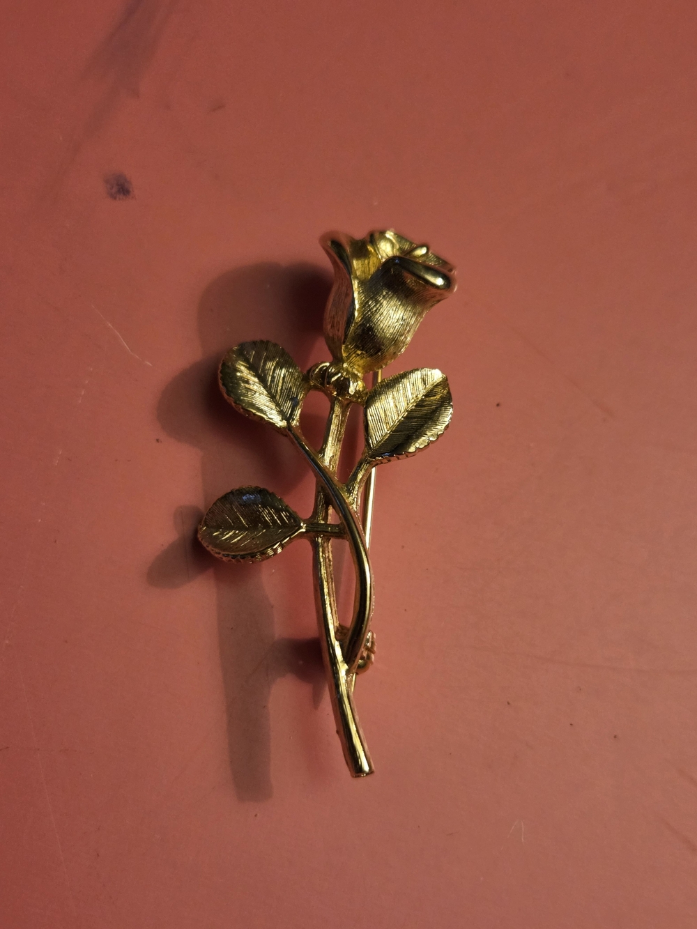 VINTAGE Gold Rose Brooch Pin - Floral Stem Design